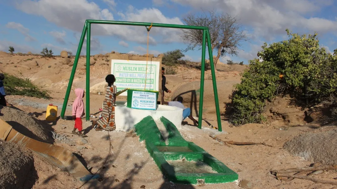 Children at a completed water well in Somaliland